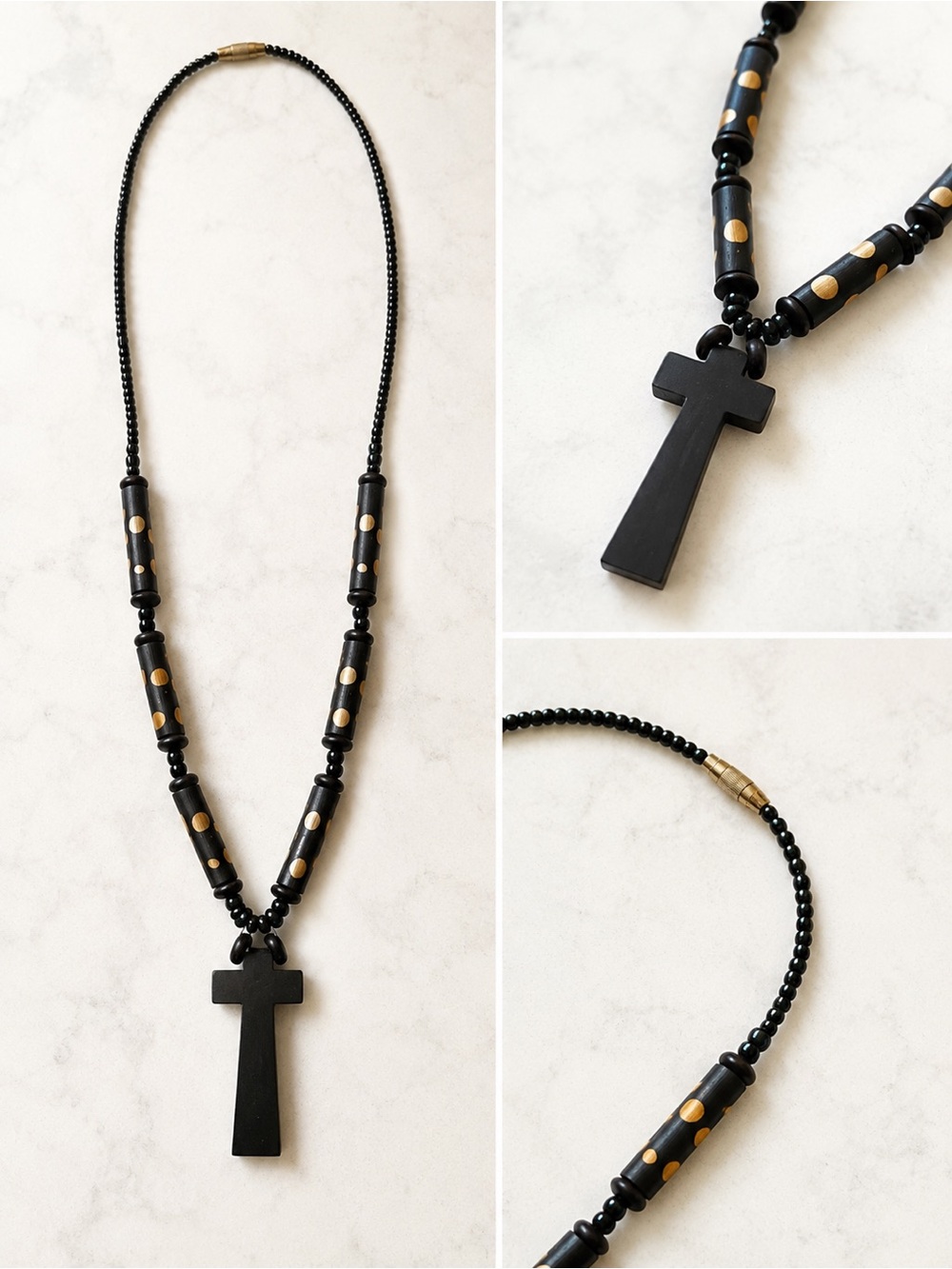 Black Beaded Cross Necklace with Cream Dot Accents